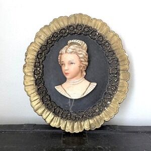 Antique Victorian Chalkware Lady Bust Wall Hanging Oval Baroque Bisque Frame